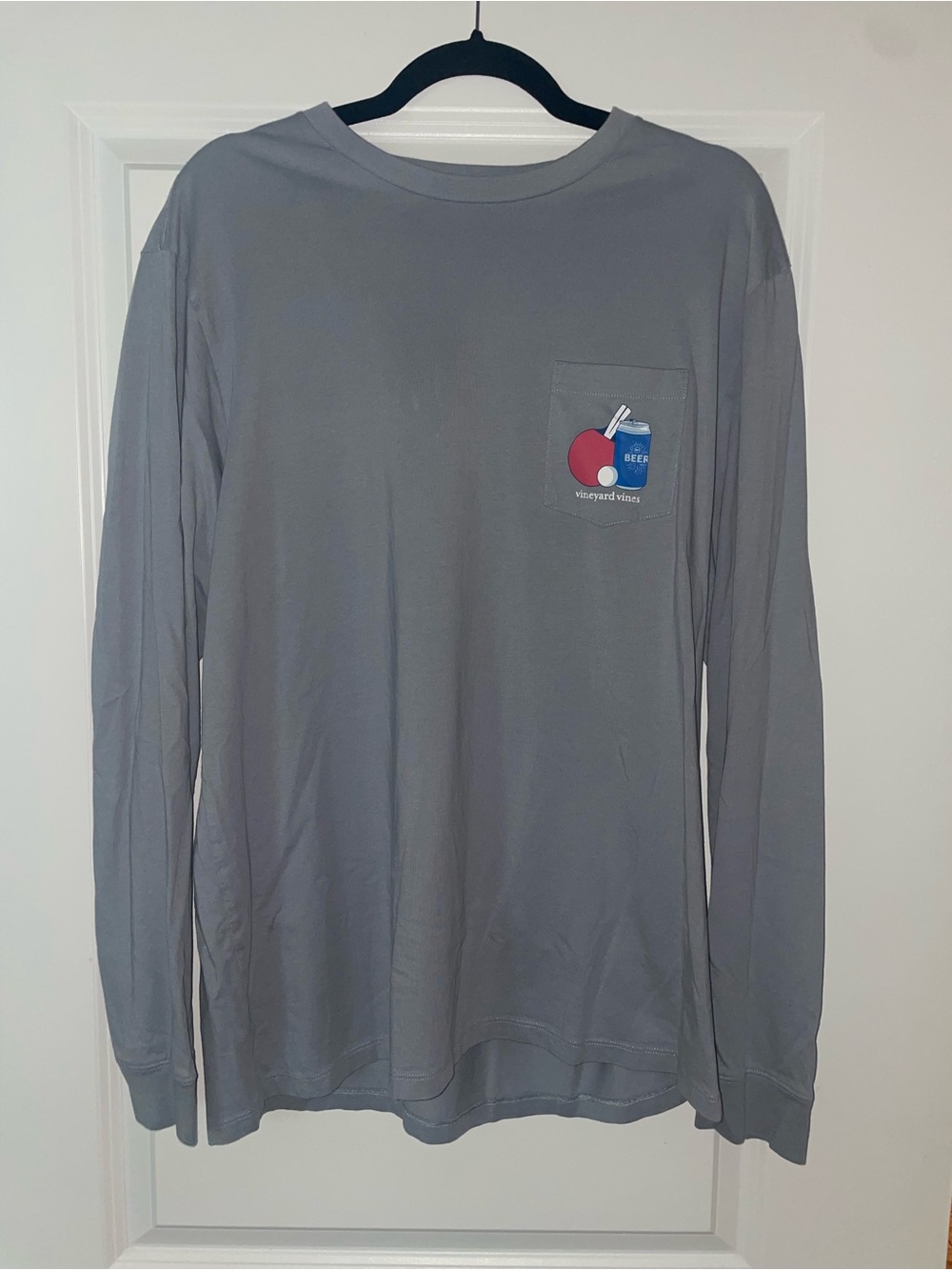 Vineyard Vines Beer Pong Gray Long-Sleeve Pocket Tee with Red and Blue Graphic